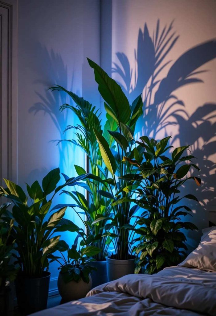 Corner clustered with tall green houseplants lit from behind with blue light to mimic a kelp forest