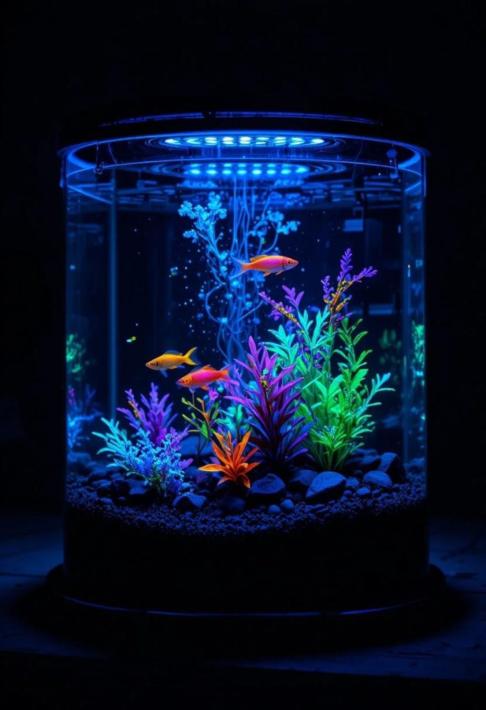 Small dark aquarium lit by UV light with brightly fluorescent neon tetras and GloFish glowing