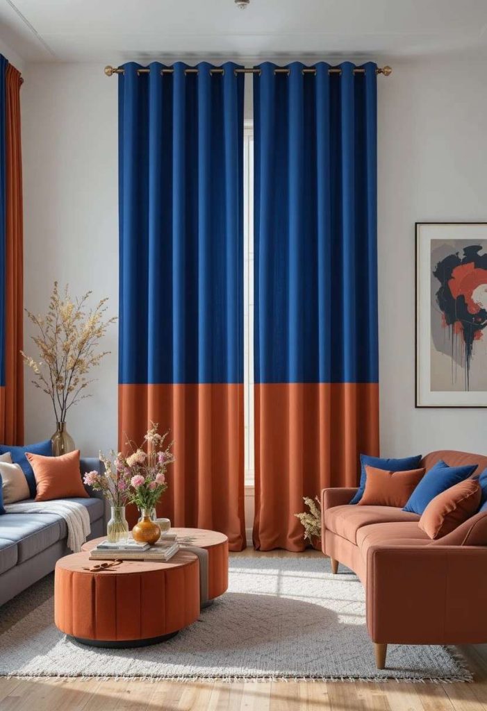 Color block curtains with cobalt blue and terracotta panels in a modern living room with contemporary furniture