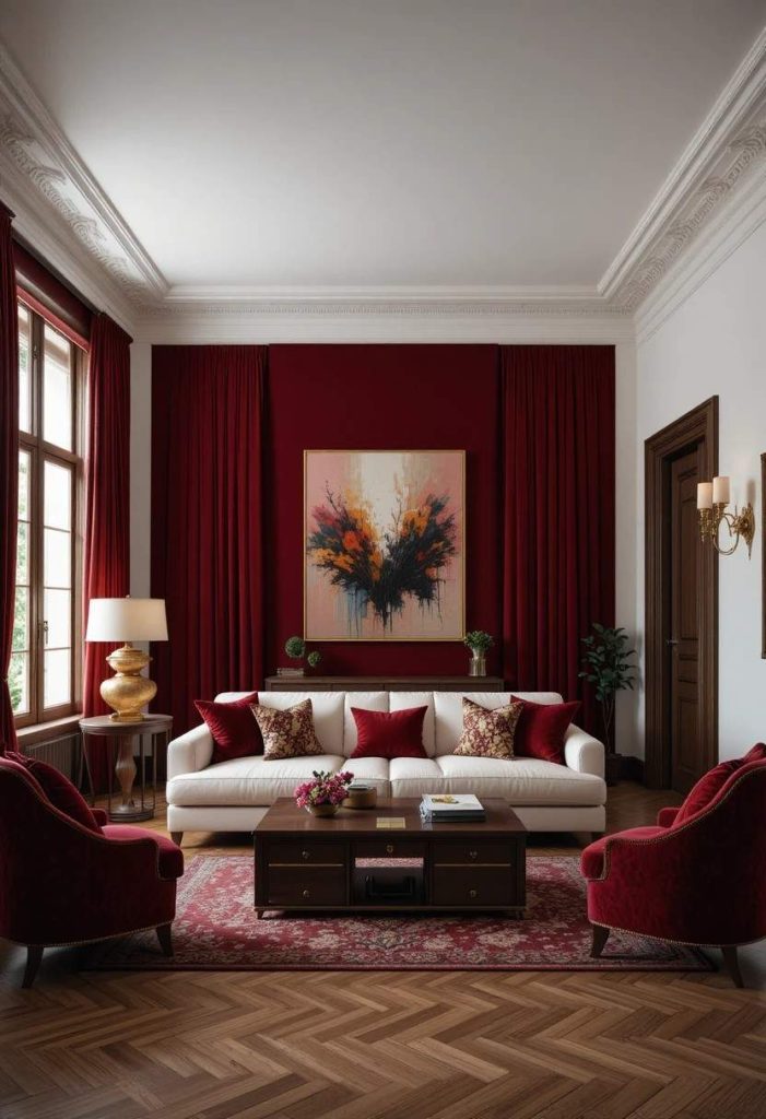 Floor-to-ceiling deep crimson red velvet curtains in a dramatic living room with white walls and walnut furniture