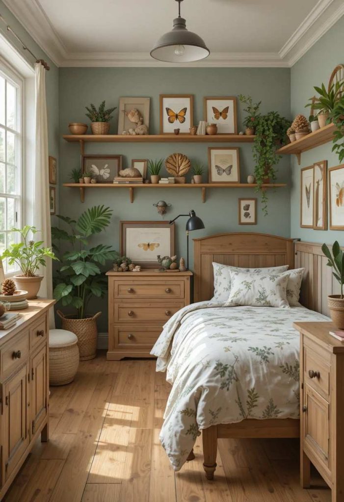 Outdoor-indoor vintage kids room with natural wood, nature collections, butterfly specimens, field guides and abundant plants