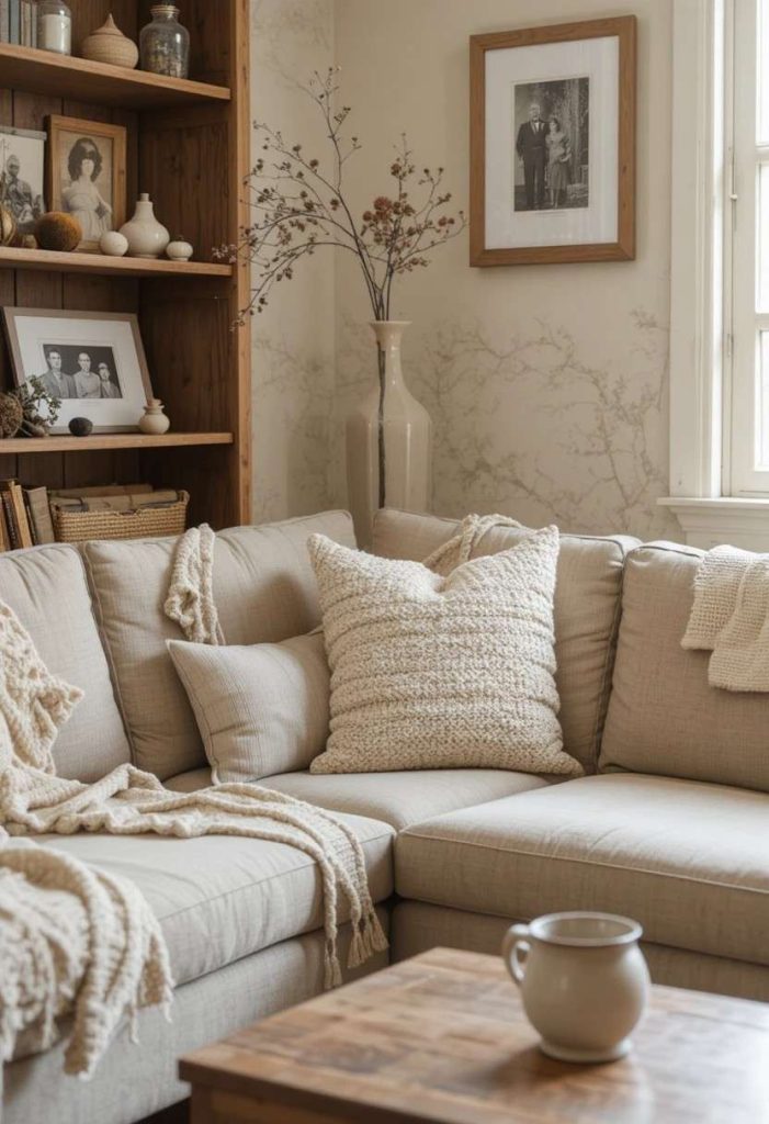 Cozy small living room corner styled with personal mementos, family photo, and handmade pottery.