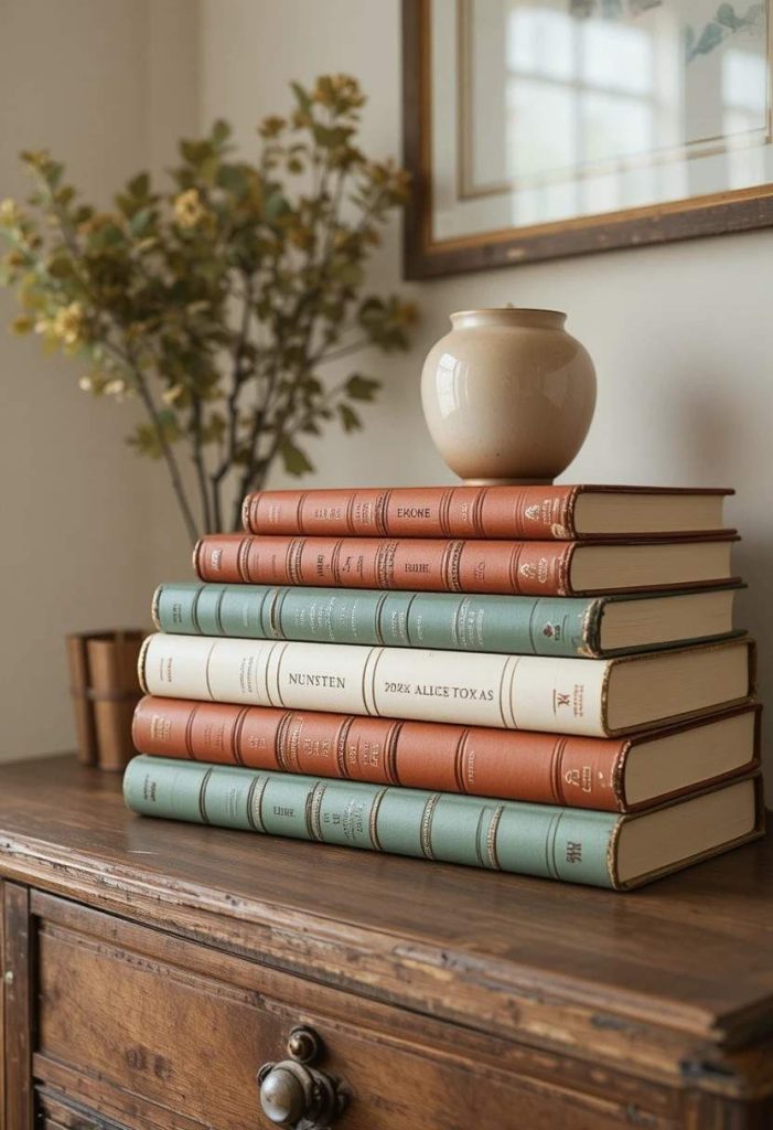 Vintage hardcover books styled as decor on dresser in cozy small college bedroom