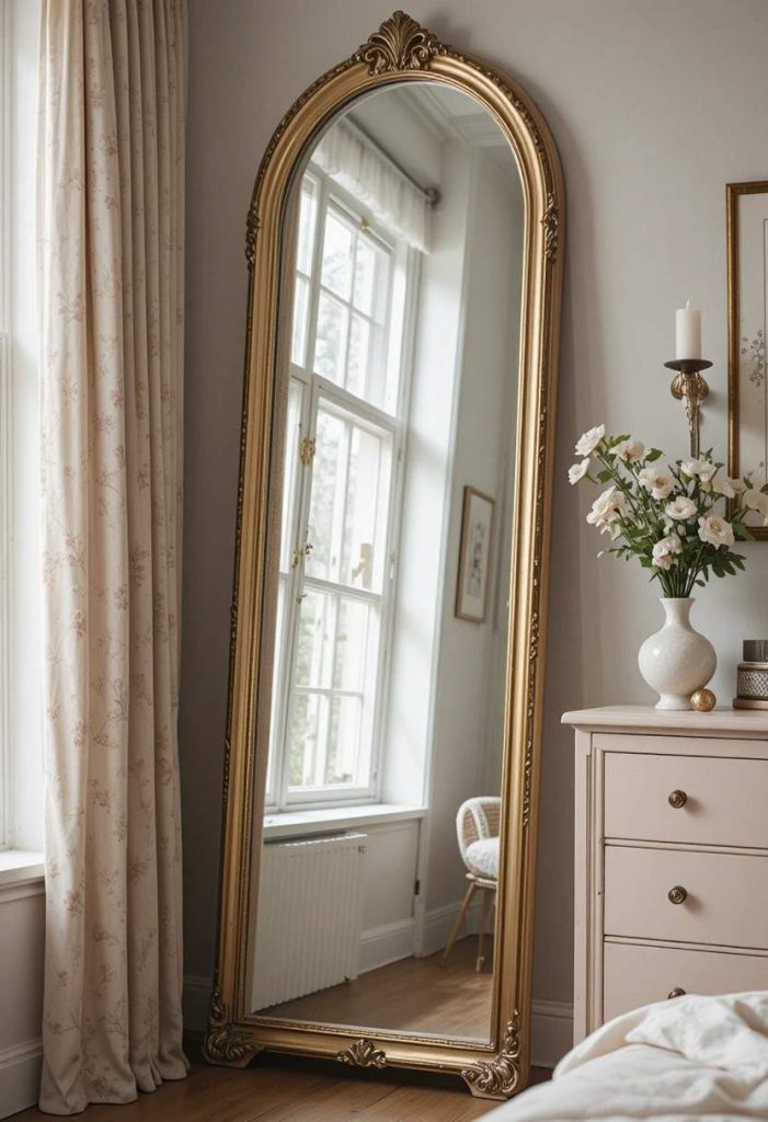 Arched leaning gold mirror reflecting light in aesthetic budget college bedroom