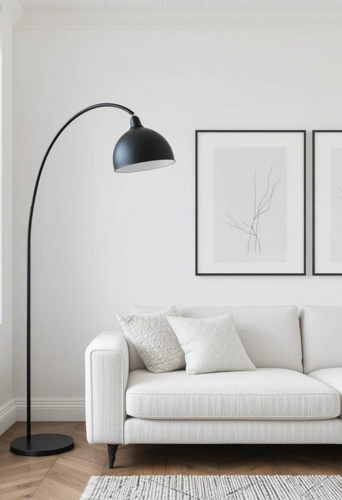 Matte black arc floor lamp and black-framed art prints adding contrast to a white Scandinavian living room.