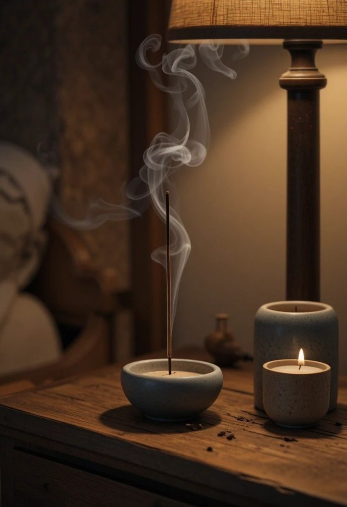 Ceramic incense holder with a thin stick of incense burning beside a stoneware candle on a Japandi nightstand.