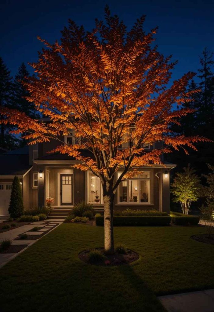 Minimalist front yard at night with warm uplighting on a Japanese maple and soft house lighting