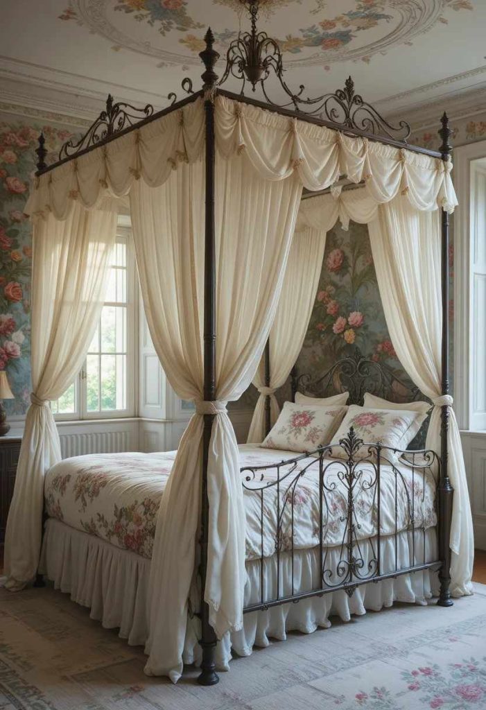 Vintage iron four-poster bed with cream linen drapes and floral bedding in a whimsical storybook bedroom.