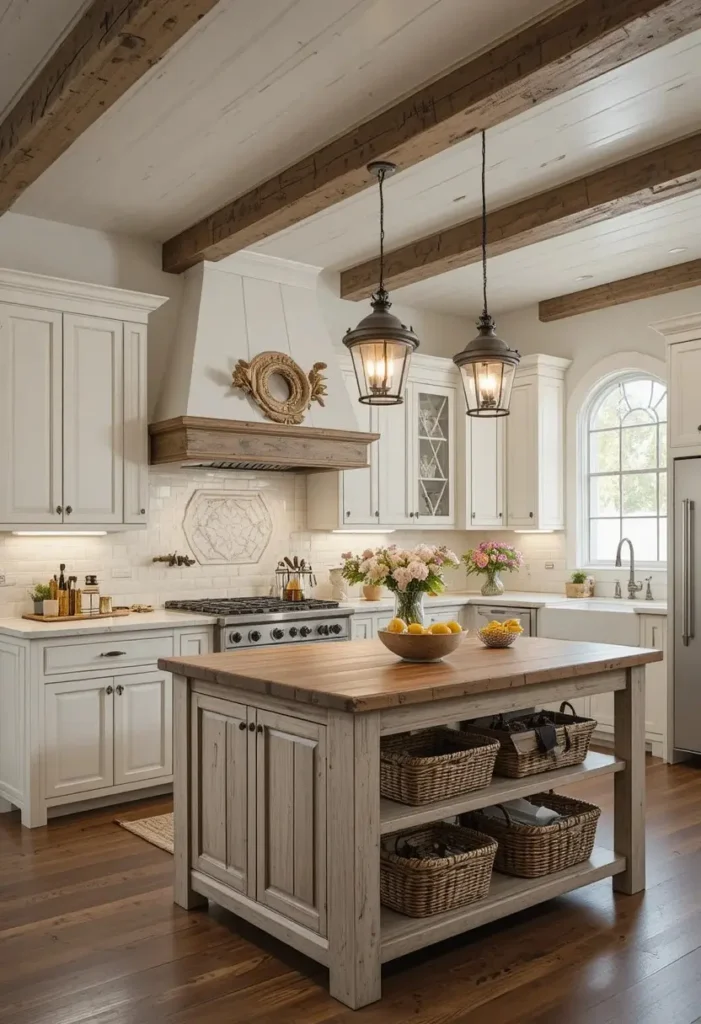 Farmhouse kitchen with rustic wooden island and cozy warm decor.