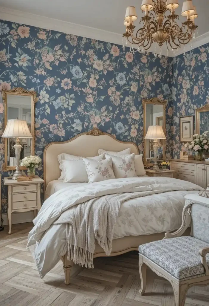 blue bedroom ideas with floral wallpaper and cozy elegant decor