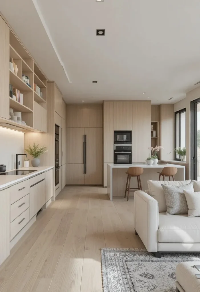 Minimal open-concept living room and kitchen with clean lines