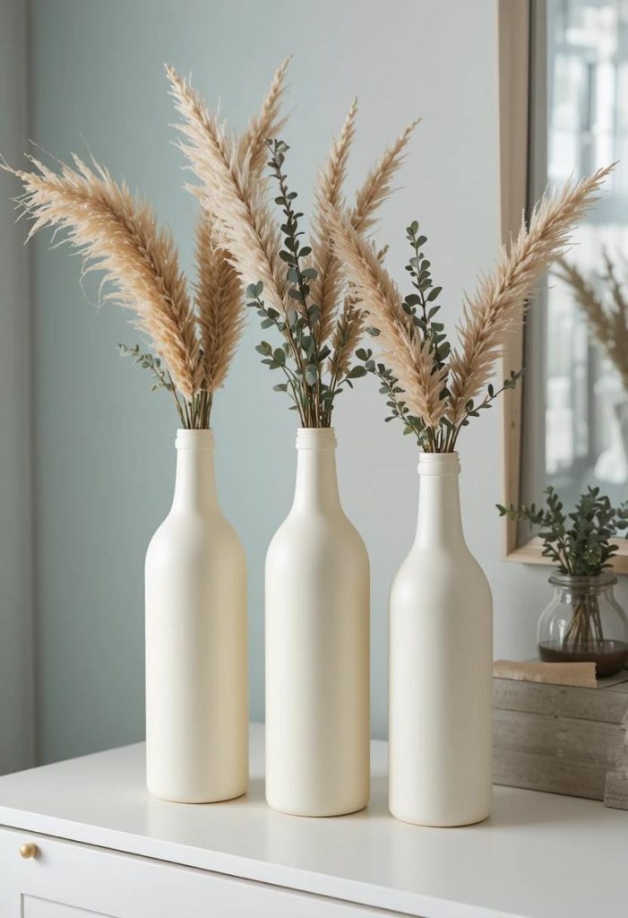 Painted wine bottle vases with dried pampas in aesthetic budget college bedroom