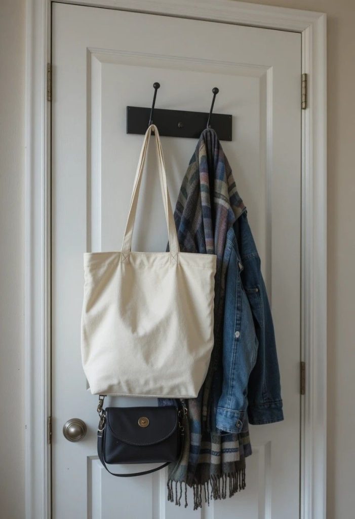 Matte black over-the-door hook rack in organized college apartment bedroom