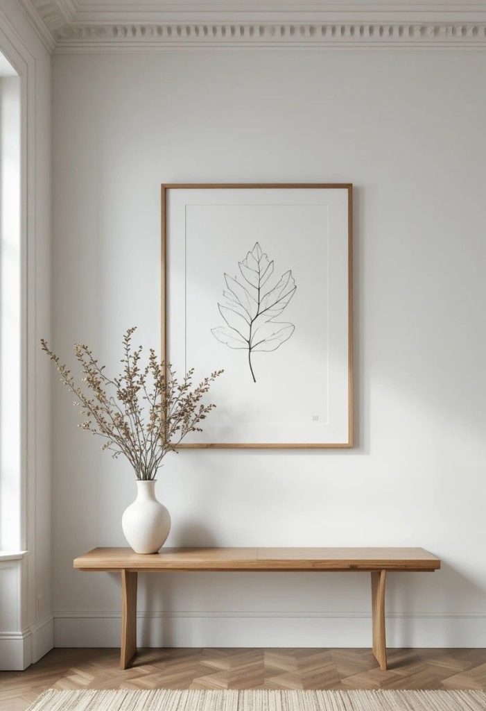  Minimalist botanical line drawing in an oak frame hanging on a white wall in a Scandinavian living room.