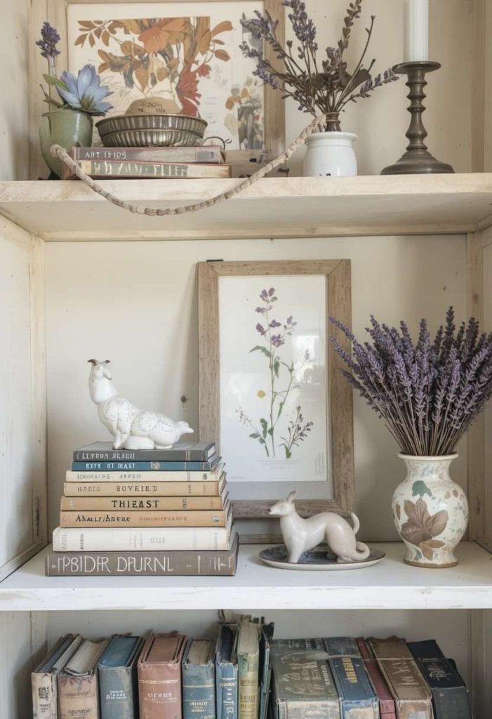 Whimsical open shelving styled with vintage books, ceramic animals, brass candlestick, and a botanical print.