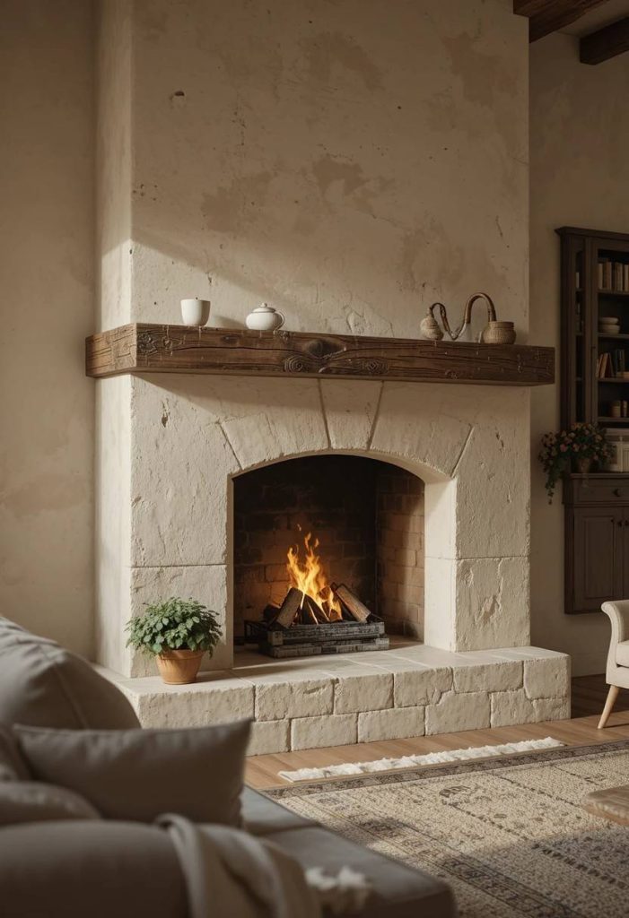 Hand-troweled cream plaster fireplace surround with chunky wood mantel and glowing fire in a Tuscan living room.