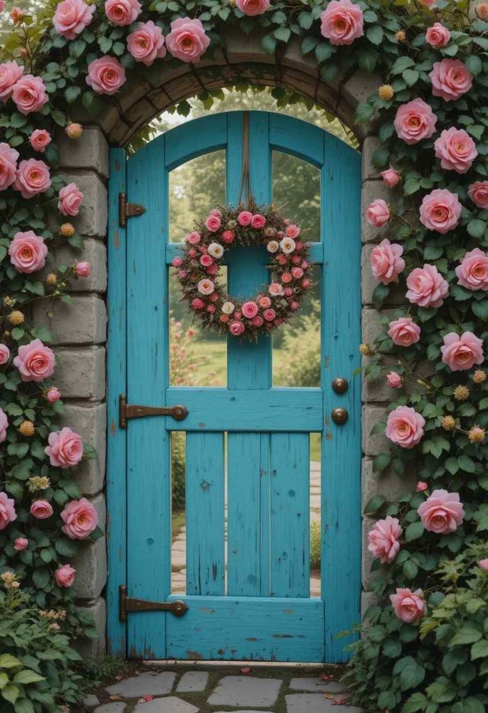 Bright turquoise wooden garden gate with brass hardware set in a stone wall covered in pink climbing roses