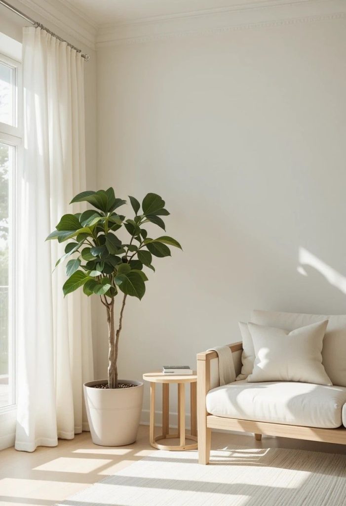 Warm white linen curtains in a serene minimalist living room with natural morning light and oak furniture
