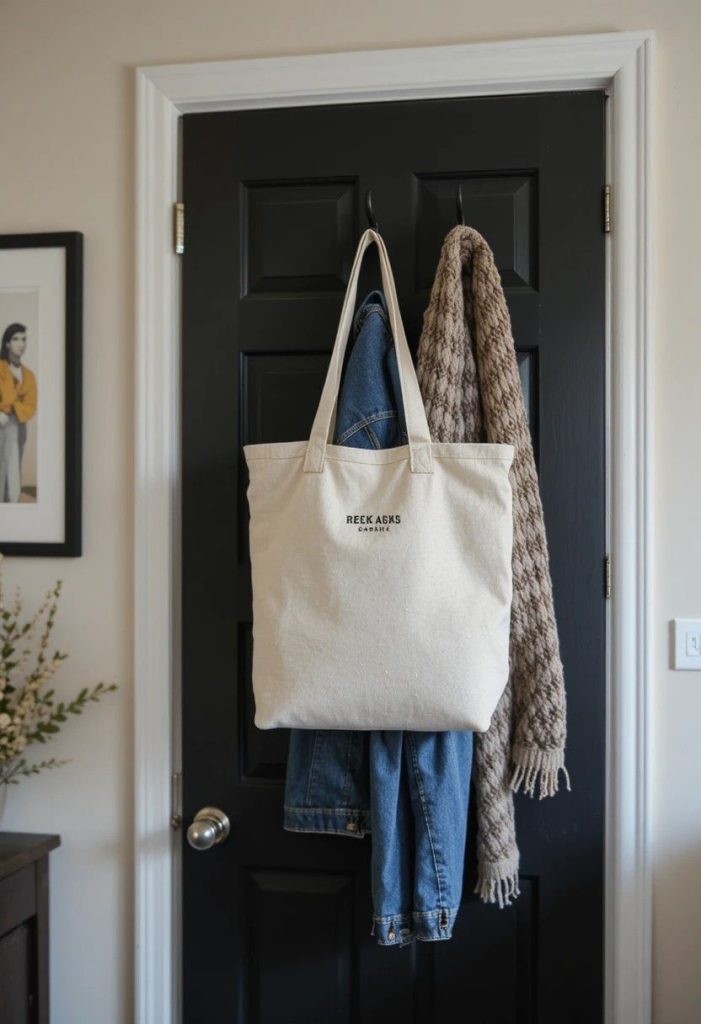 Matte black over-the-door hooks holding tote jacket and scarf in cozy small college bedroom