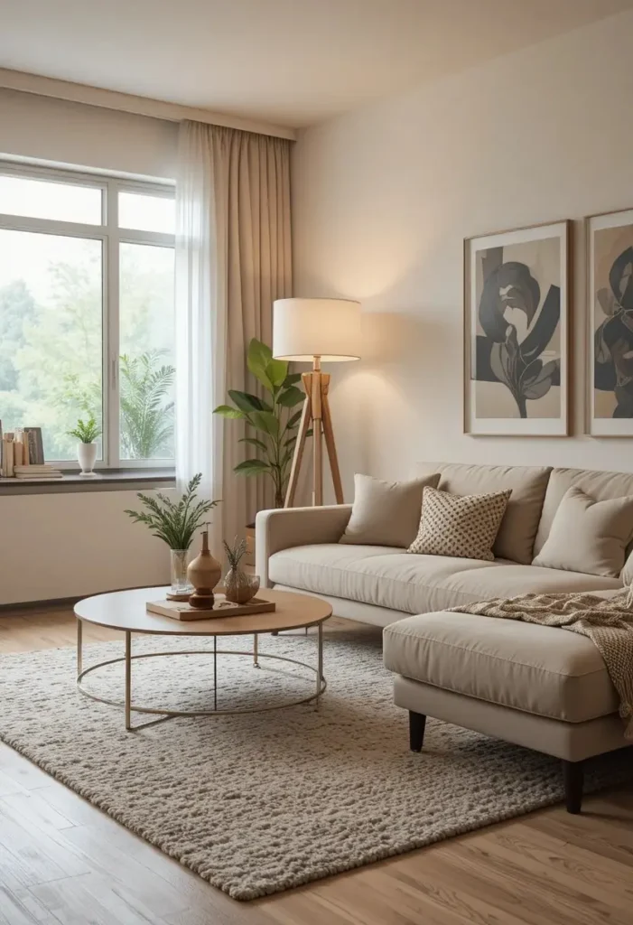 Wooden tripod floor lamp in a soft contemporary living room.