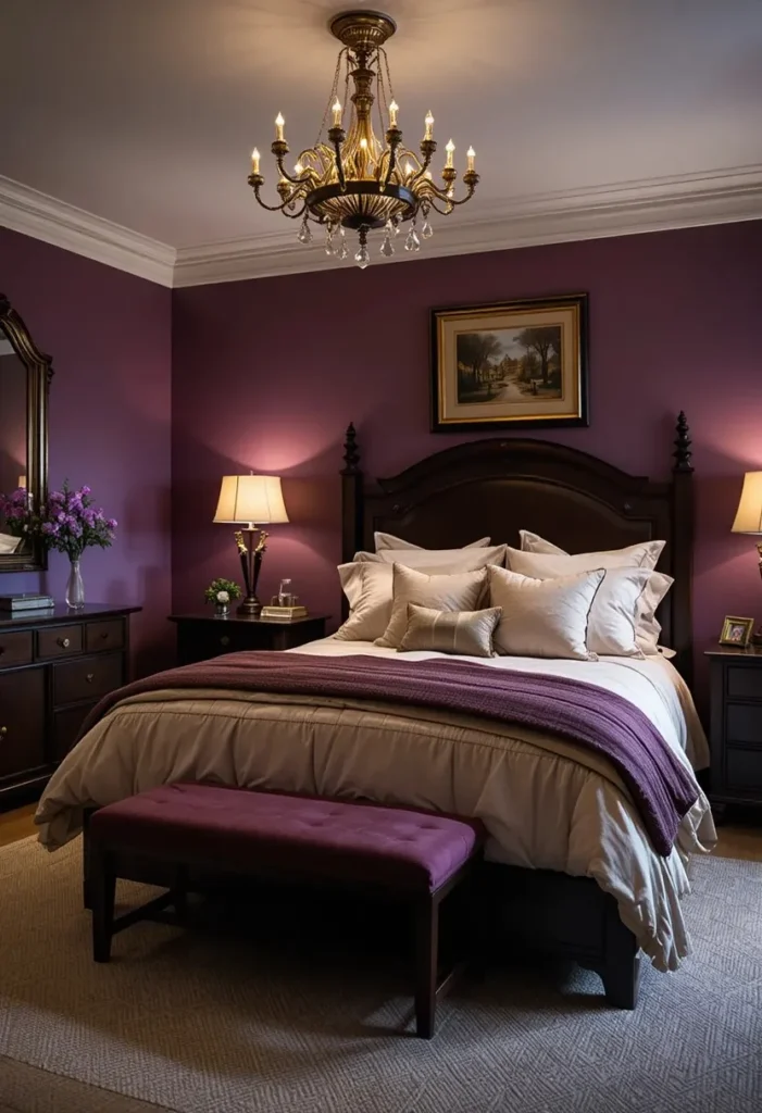 Deep plum bedroom with cozy moody atmosphere