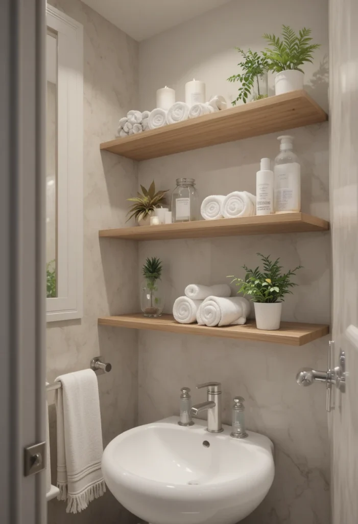Guest bathroom with floating shelves styled with towels, candles, and greenery.
