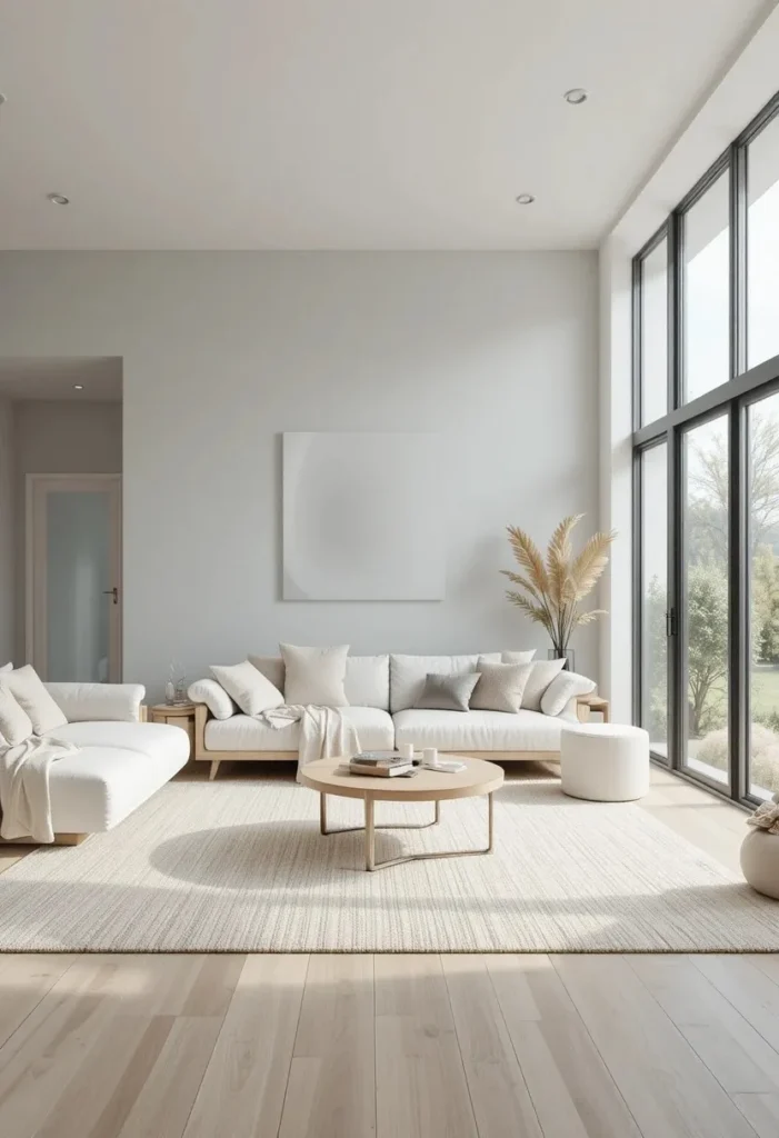 Pale gray living room walls creating a clean airy atmosphere.