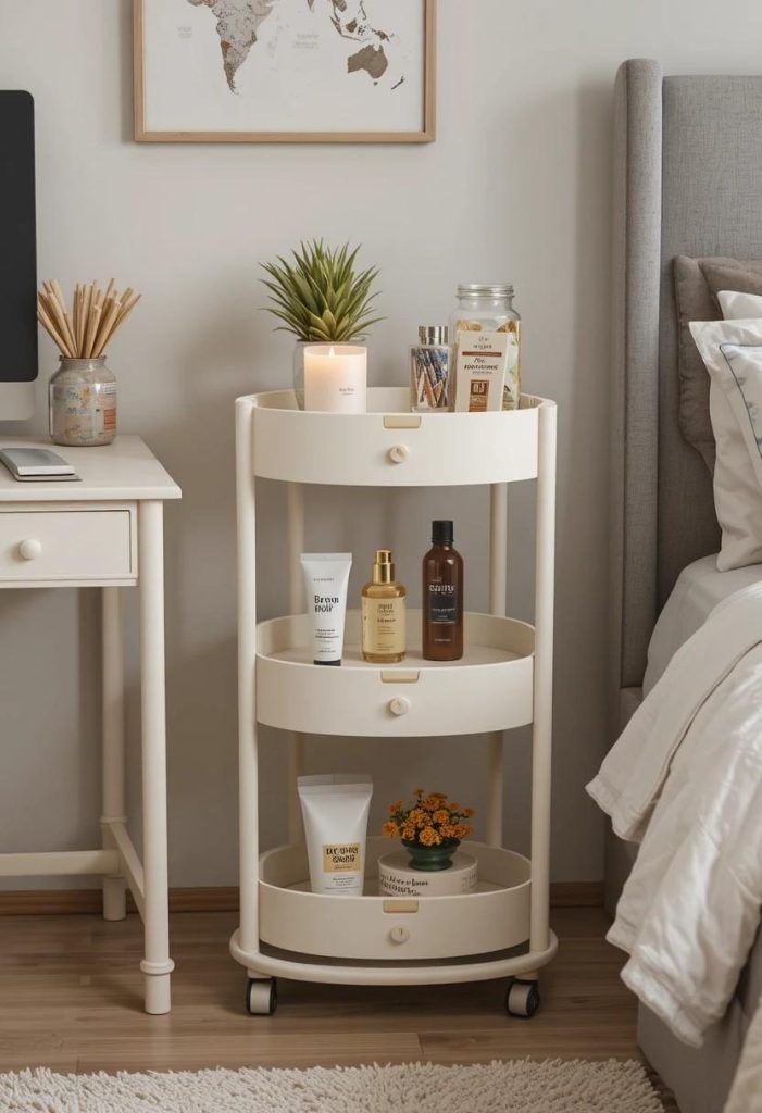 Three-tier cream rolling cart for storage in aesthetic budget college bedroom