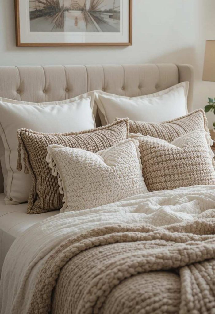 Layered mixed-texture throw pillows on bed in college apartment bedroom