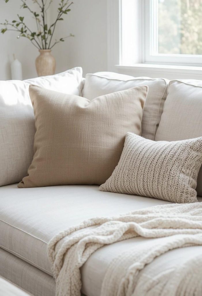 Putty and oatmeal pillows layered on a white linen sofa adding warmth to a Scandinavian living room.