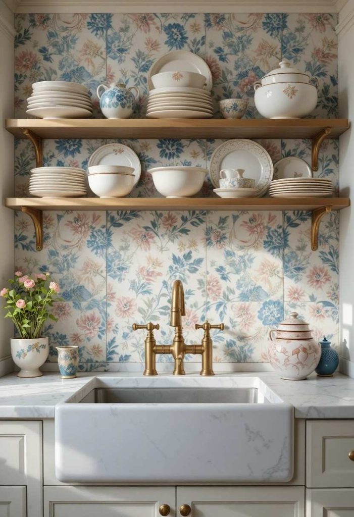 Whimsical kitchen with hand-painted floral tile backsplash, brass faucet, and white cabinets with brass shelving.