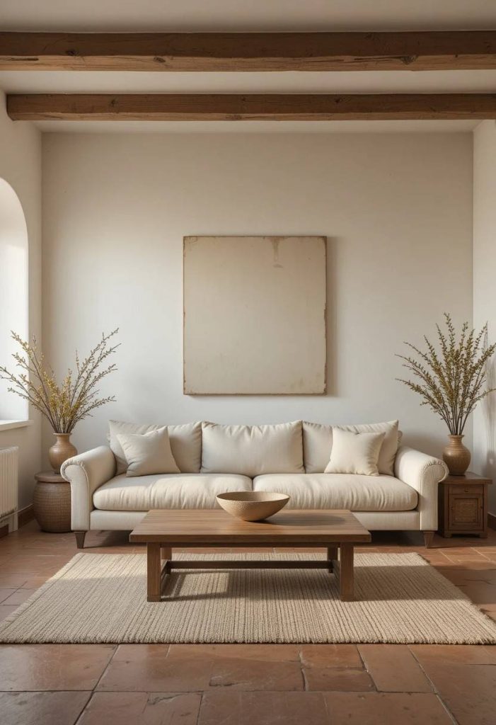 Minimalist Tuscan living room with breathing space, single linen sofa, wood coffee table, lime-washed walls, and one large piece of art.
