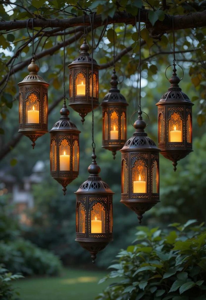 Five ornate Moroccan-style metal lanterns hanging at varying heights from tree branches glowing warmly at dusk