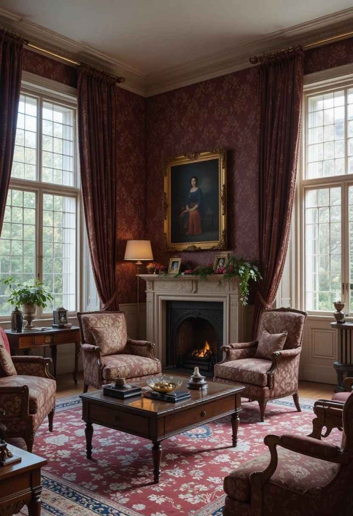 Deep burgundy damask curtains in a traditional grand living room with antique furniture and fireplace