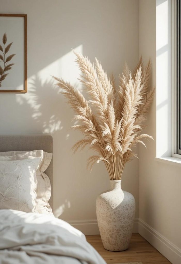 Tall dried pampas grass in ceramic vase in corner of cozy small college bedroom