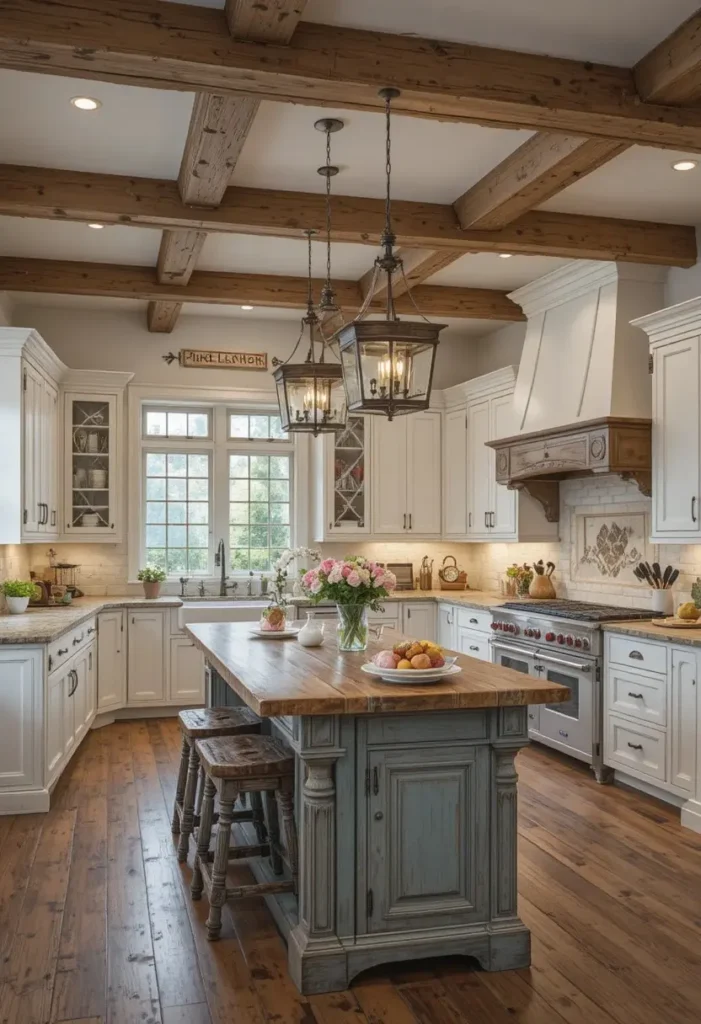 Farmhouse U shaped kitchen with rustic wood island and cozy decor.