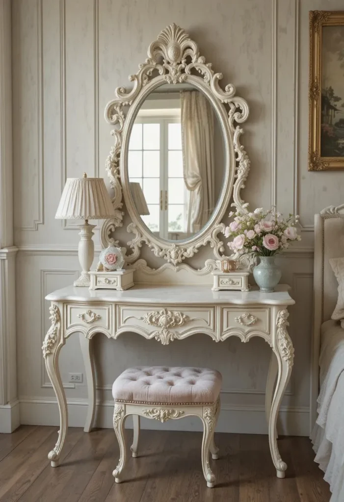 vintage vanity ideas bedroom with ornate mirror elegant antique style