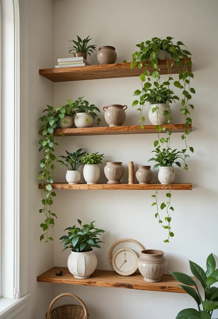 floating wooden plant shelves with warm neutral cozy decor