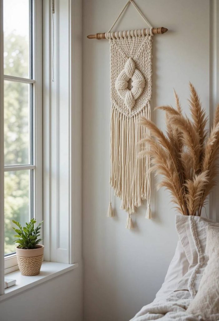 Cream macrame wall hanging beside window in aesthetic budget college bedroom