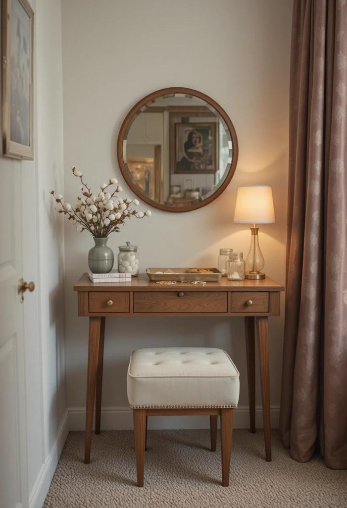 Styled vanity corner in cozy college apartment bedroom