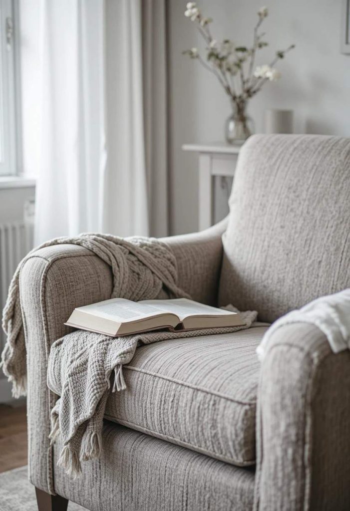 Open book and tousled throw blanket on a boucle armchair showing a lived-in Scandinavian living room.