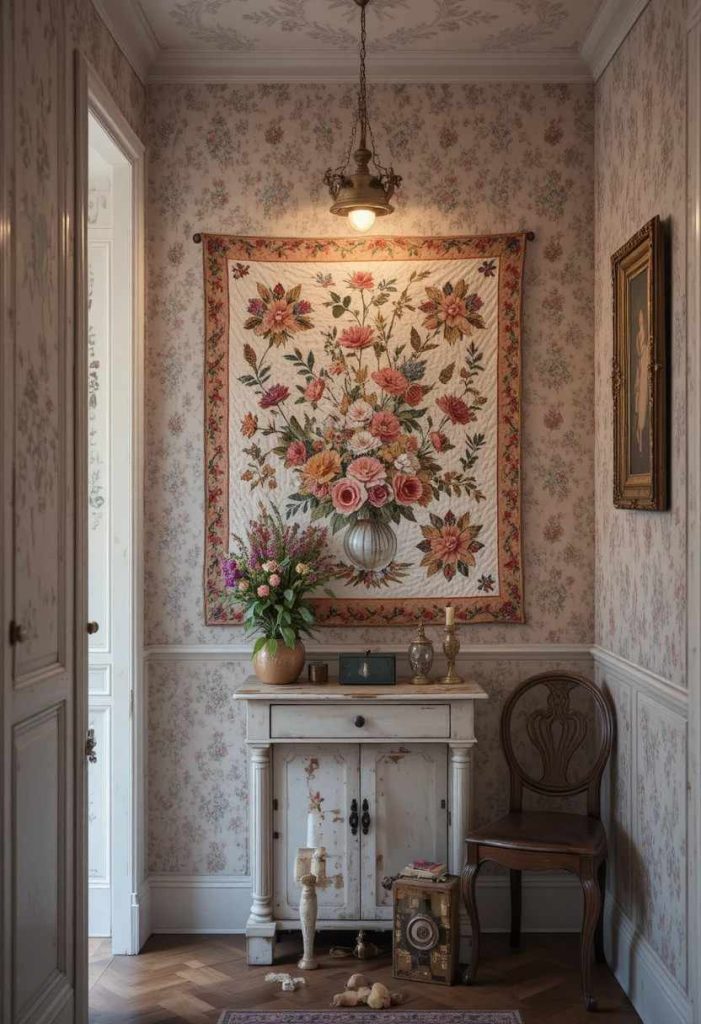 Vintage faded floral quilt hung as wall art above a painted console with brass picture light in a whimsical hallway.