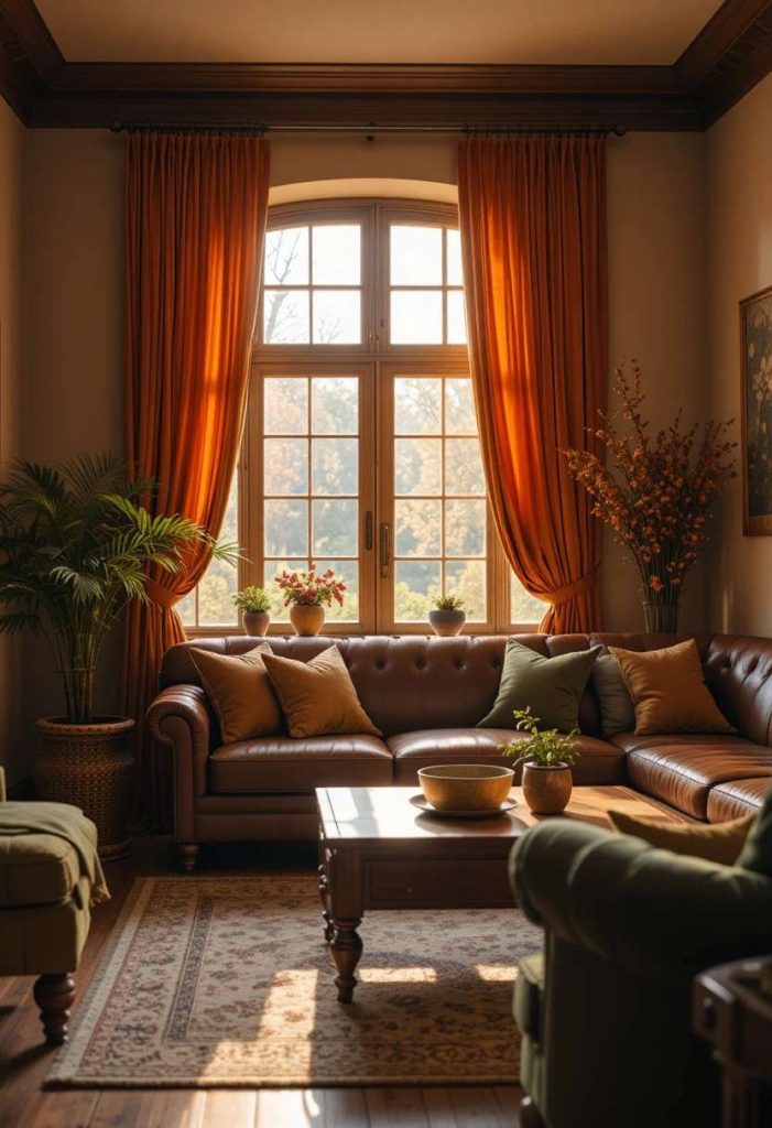 Burnt orange velvet curtains in an autumnal living room with brown leather sofa and olive green accents