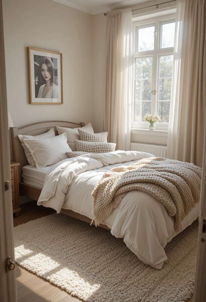 Perfectly made bed with layered neutral bedding in cozy small college bedroom