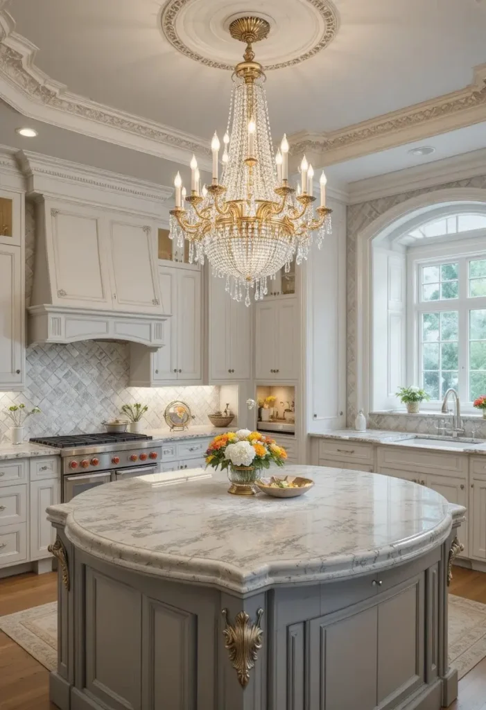 Crystal lighting adding a luxurious touch to kitchen island