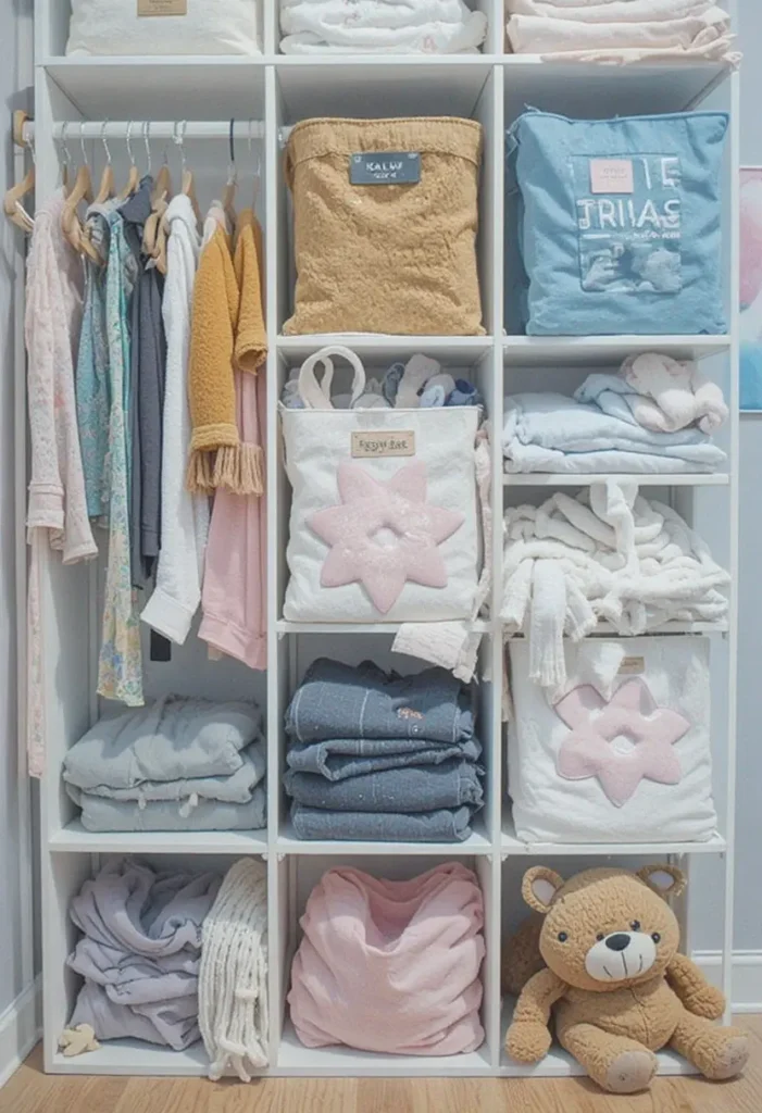 Kids closet cube storage with fabric bins for toys and clothes organization