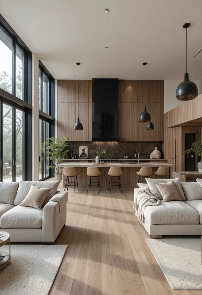 Open-concept home with black accents and warm wood tones