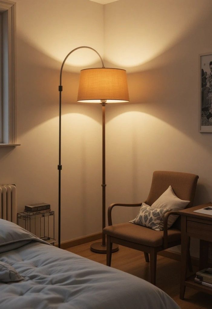 Arc floor lamp in corner of cozy college apartment bedroom