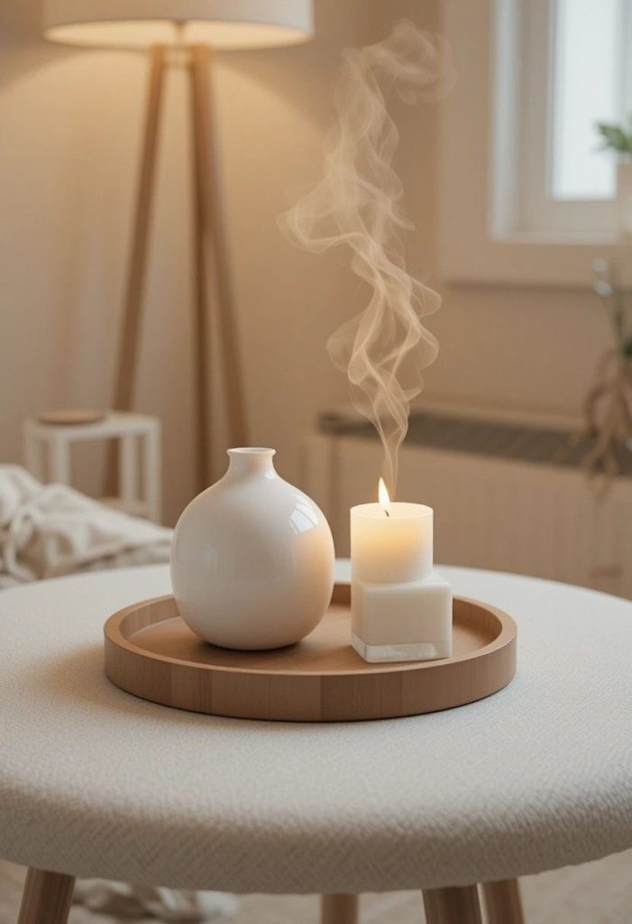 Minimalist ceramic diffuser and lit pillar candle on a wooden tray adding scent to a Scandinavian living room.