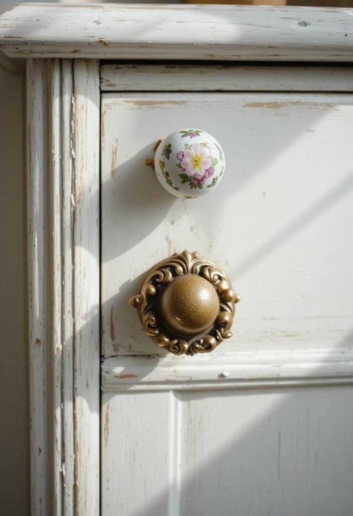 Whimsical white cabinet with brass rabbit knobs and a hand-painted floral porcelain drawer knob.